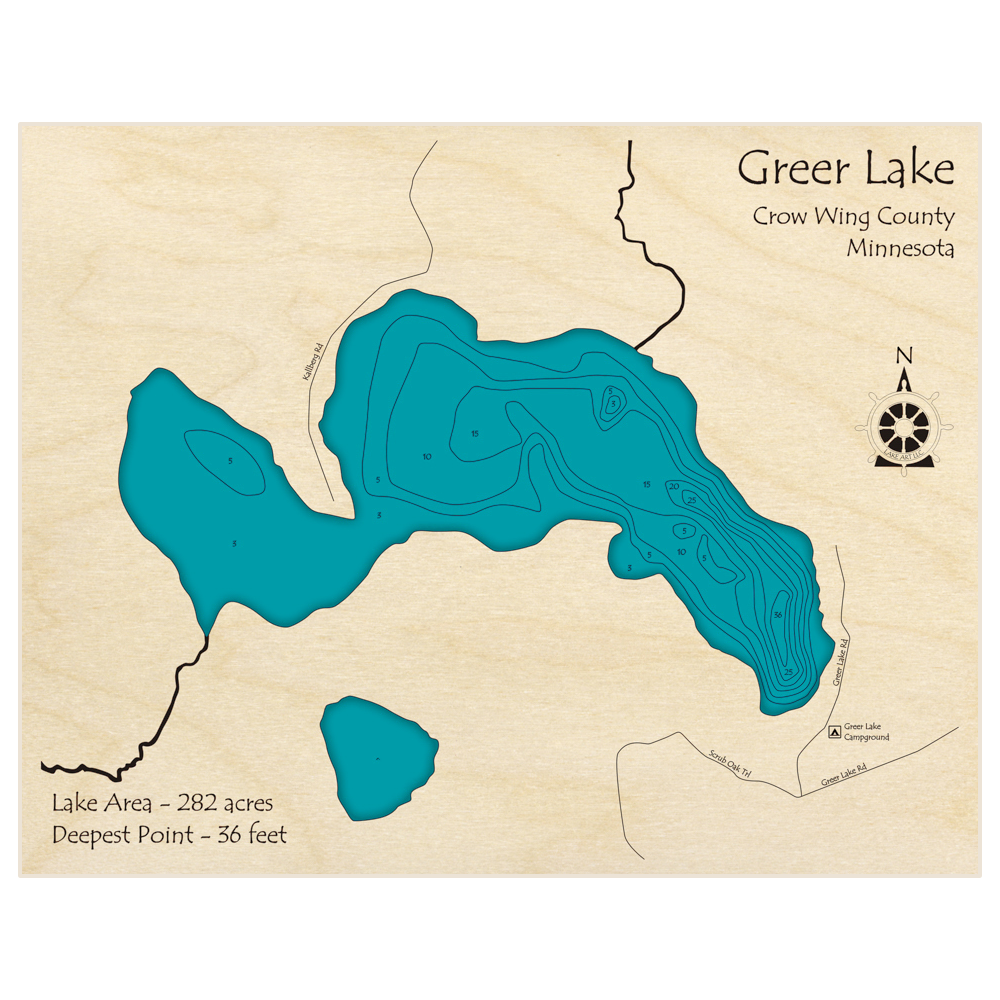 Bathymetric topo map of Greer Lake with roads, towns and depths noted in blue water