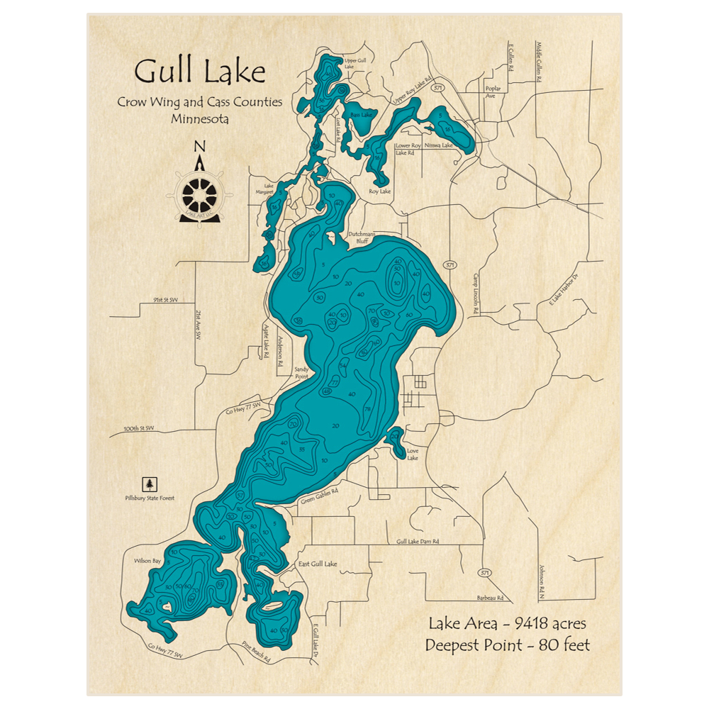 Bathymetric topo map of Gull Lake (alone without surrounding lakes) with roads, towns and depths noted in blue water