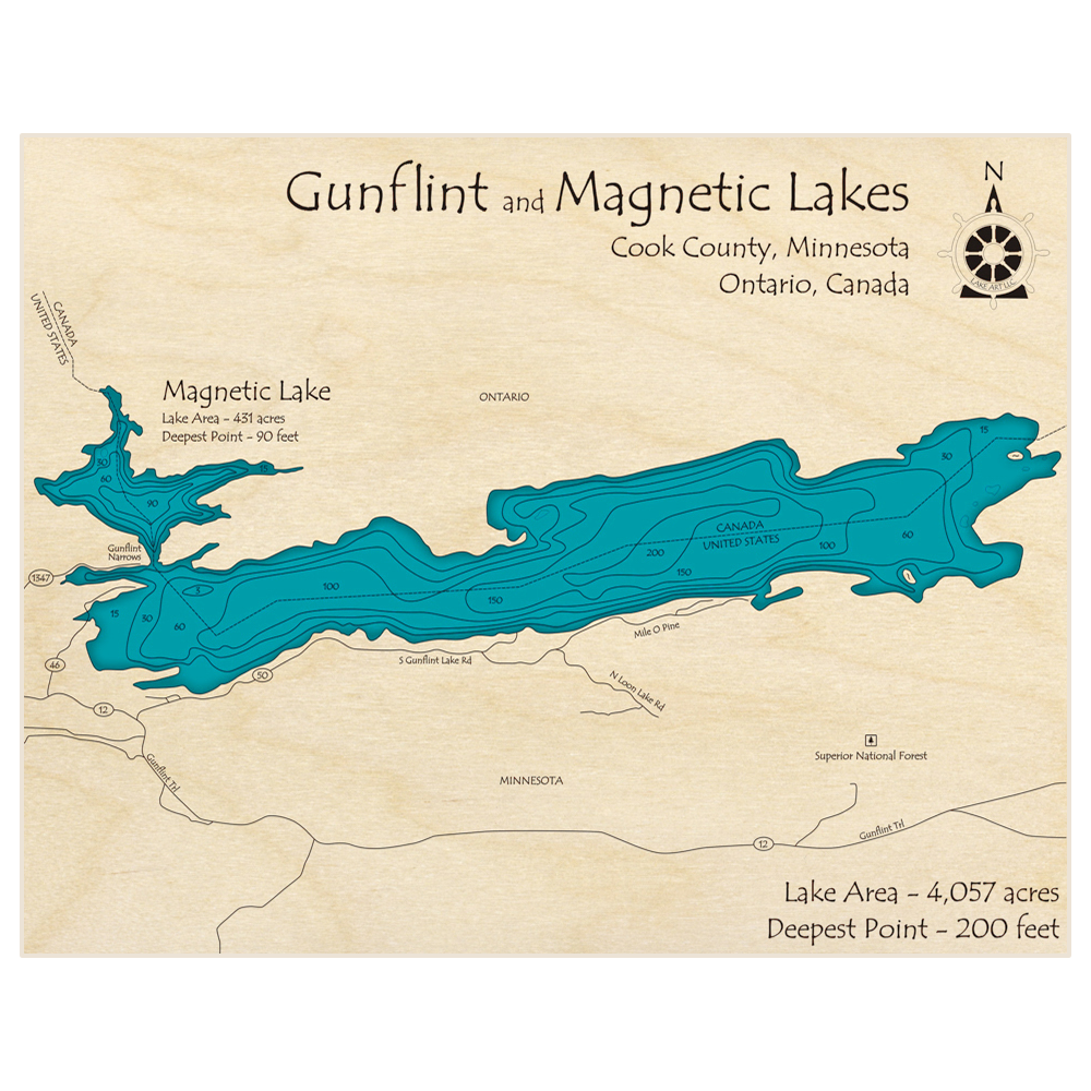 Bathymetric topo map of Gunflint Lake (With Magnetic Lake) with roads, towns and depths noted in blue water