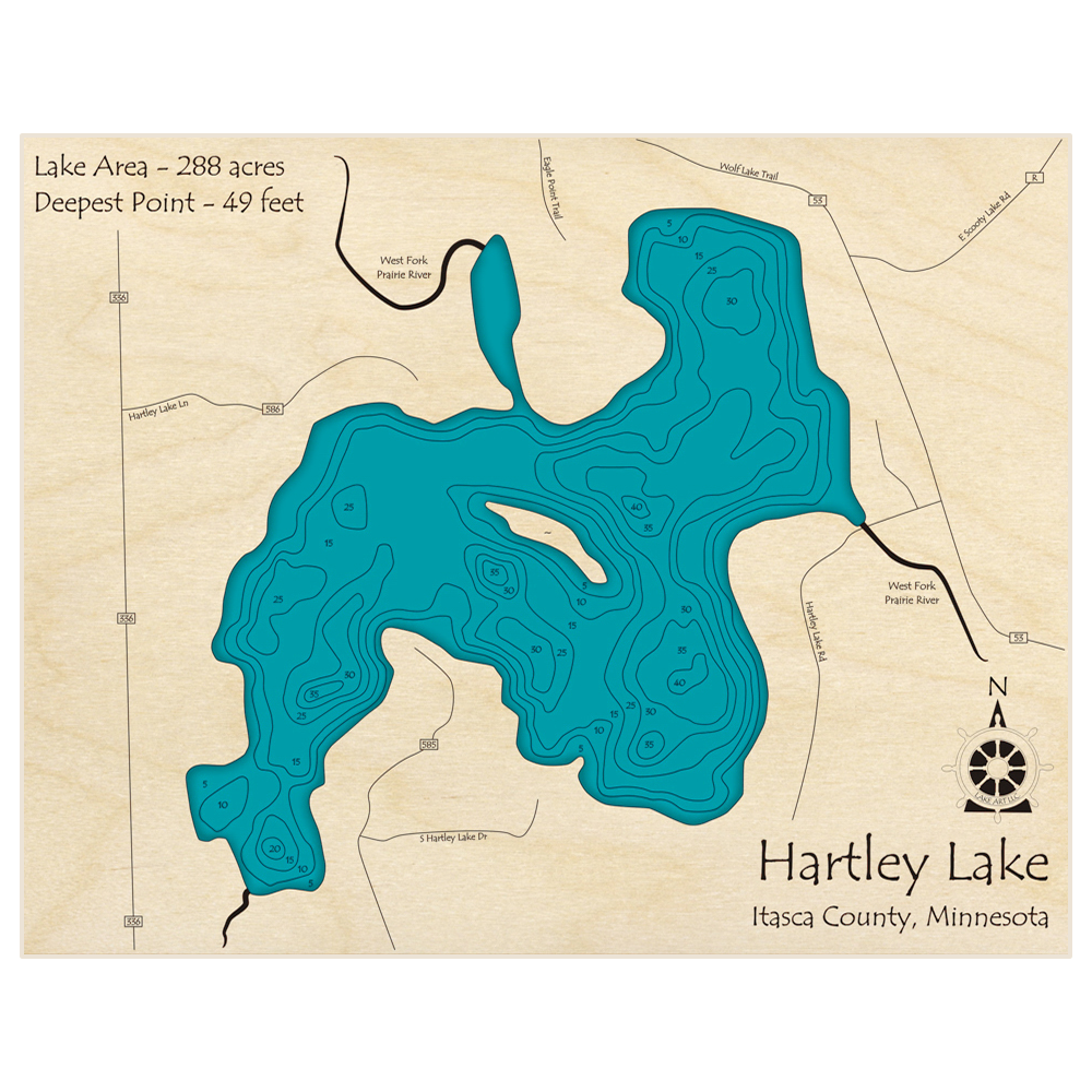 Bathymetric topo map of Hartley Lake with roads, towns and depths noted in blue water