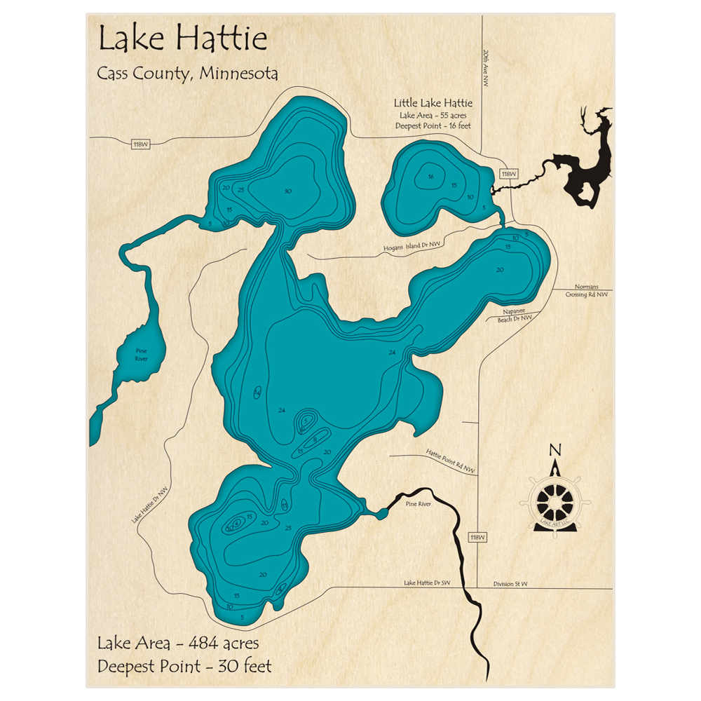 Bathymetric topo map of Lake Hattie with roads, towns and depths noted in blue water