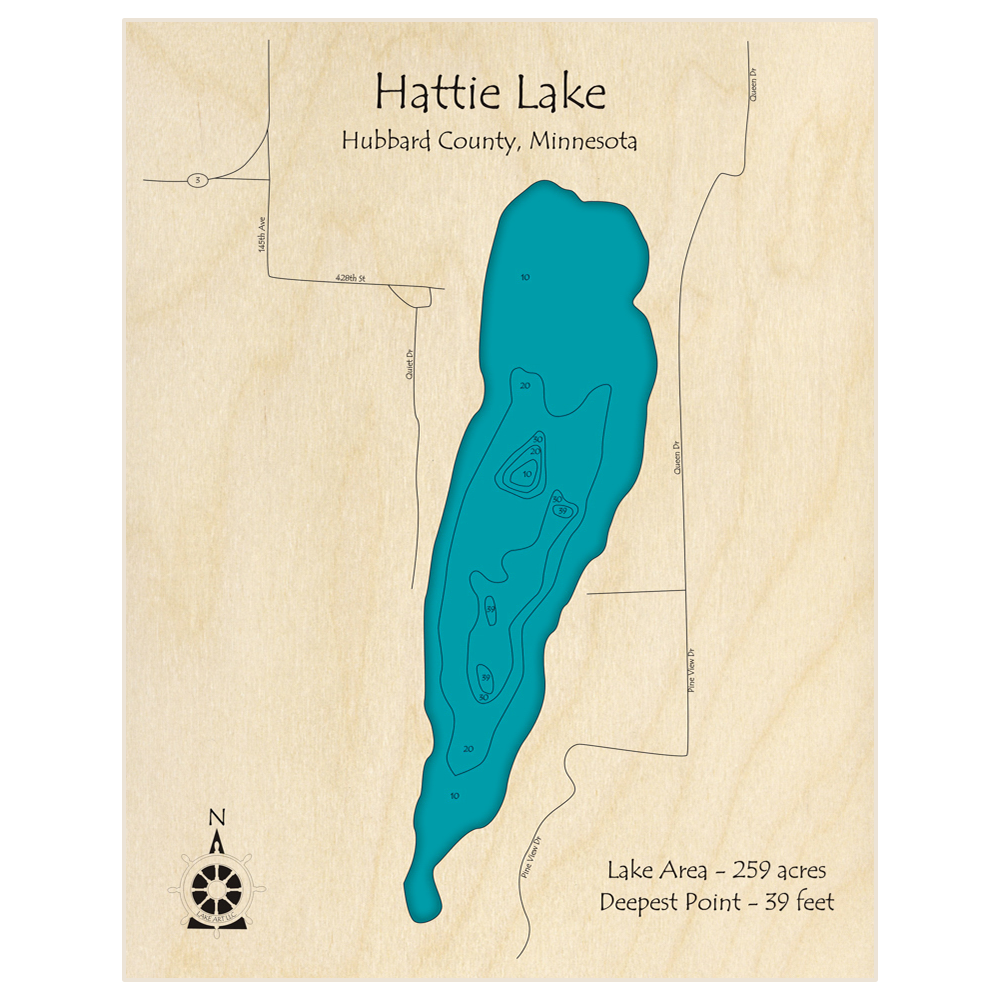 Bathymetric topo map of Hattie Lake with roads, towns and depths noted in blue water
