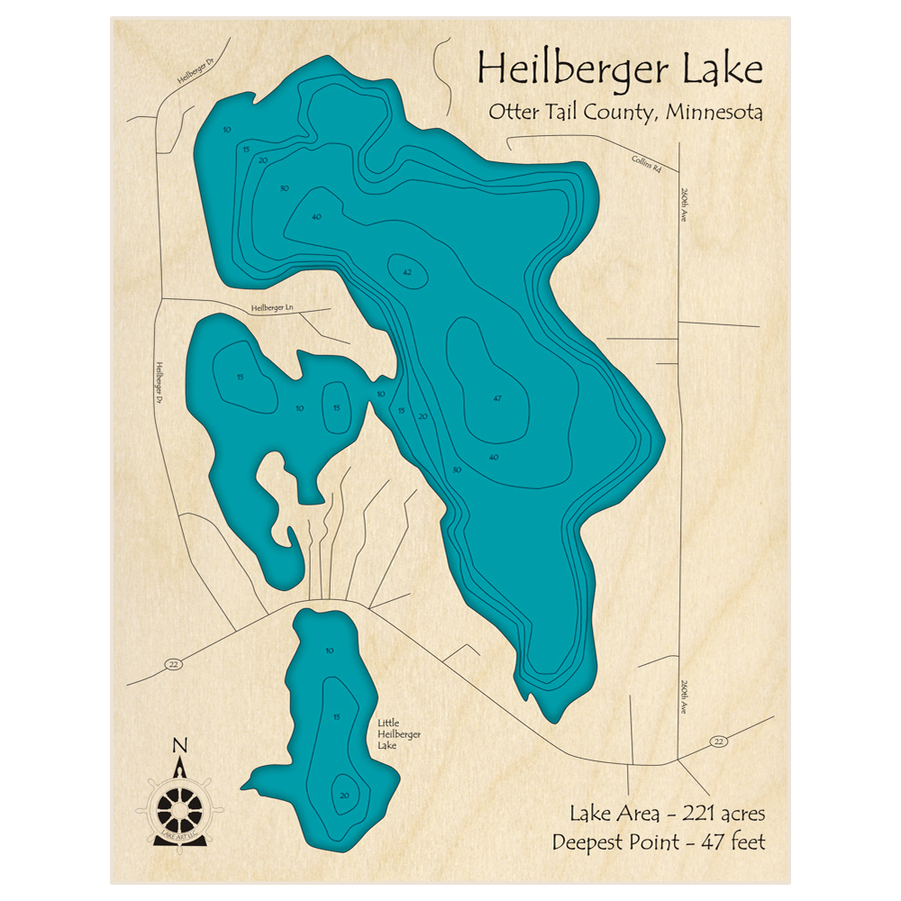 Bathymetric topo map of Heilberger Lake with roads, towns and depths noted in blue water