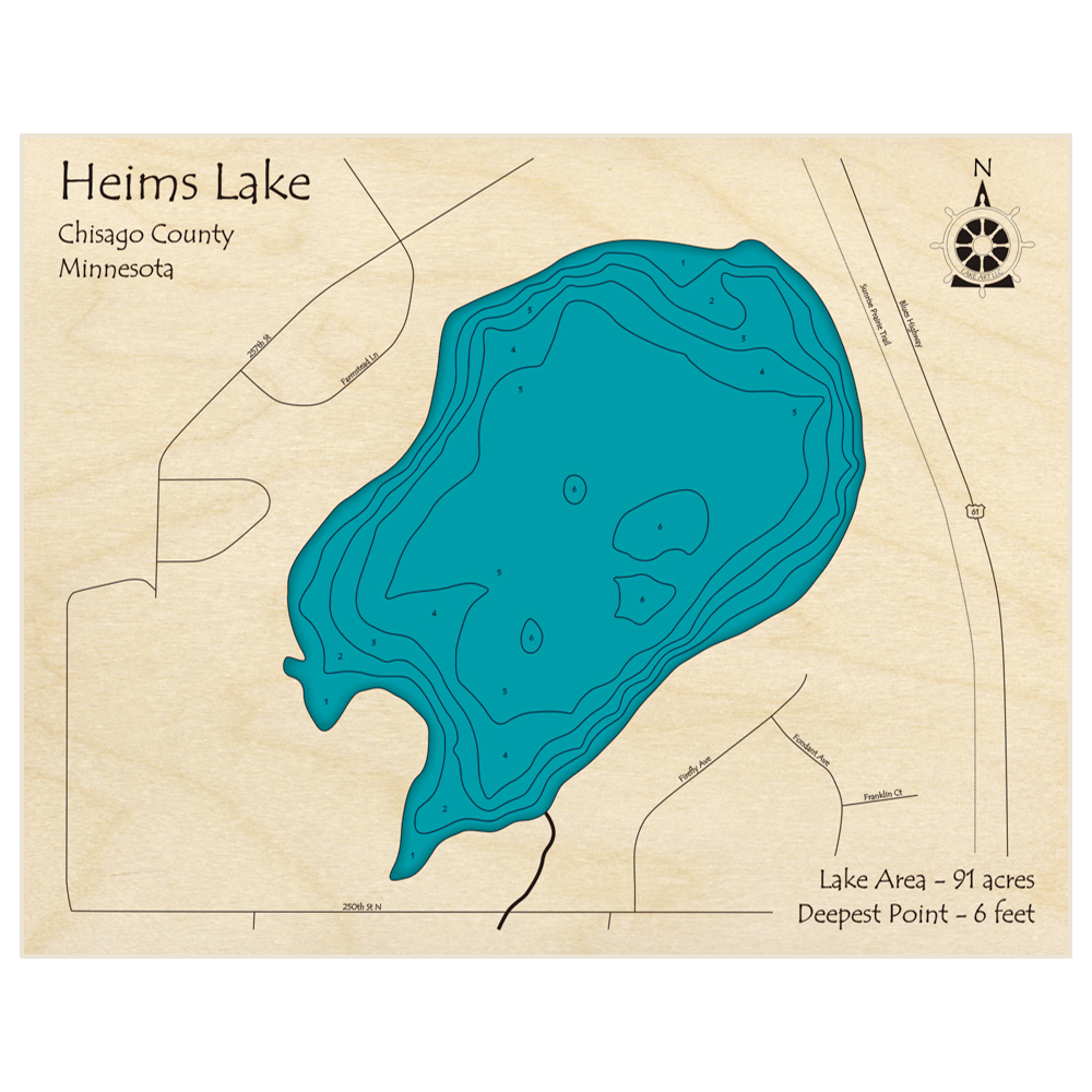 Bathymetric topo map of Heims Lake with roads, towns and depths noted in blue water
