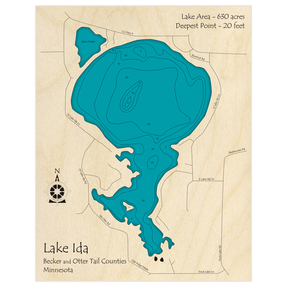 Bathymetric topo map of Lake Ida with roads, towns and depths noted in blue water