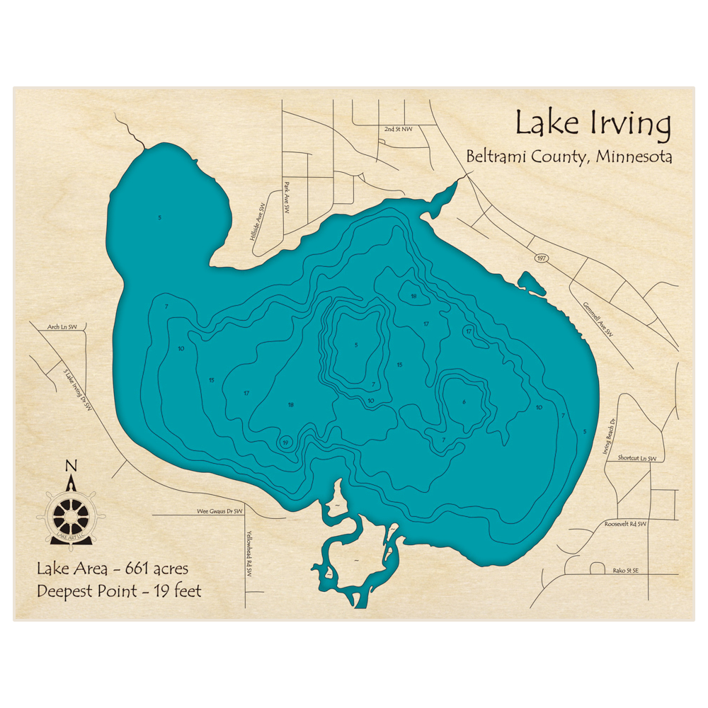 Bathymetric topo map of Lake Irving with roads, towns and depths noted in blue water