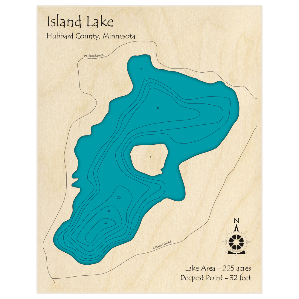Bathymetric topo map of Island Lake (near Nevis) with roads, towns and depths noted in blue water