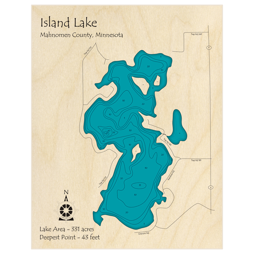 Bathymetric topo map of Island Lake with roads, towns and depths noted in blue water