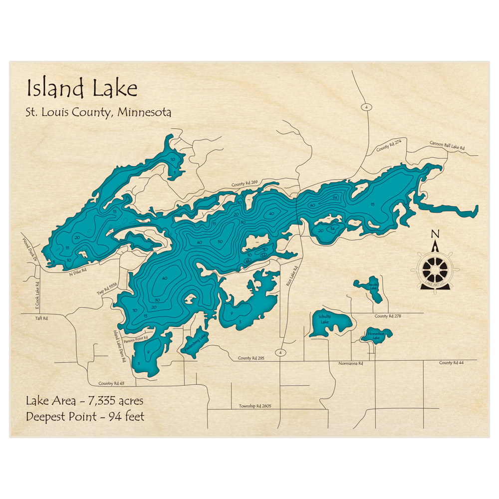 Bathymetric topo map of Island Lake with roads, towns and depths noted in blue water