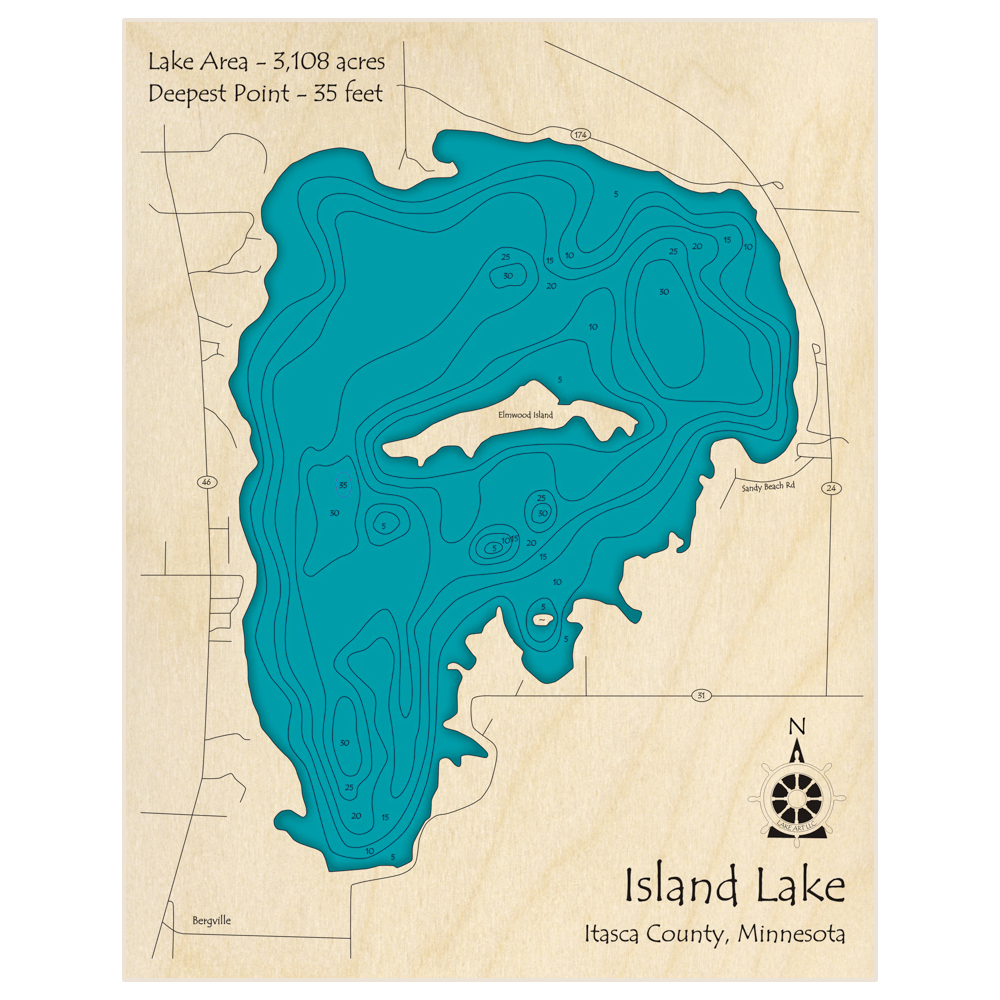 Bathymetric topo map of Island Lake (near Northome) with roads, towns and depths noted in blue water
