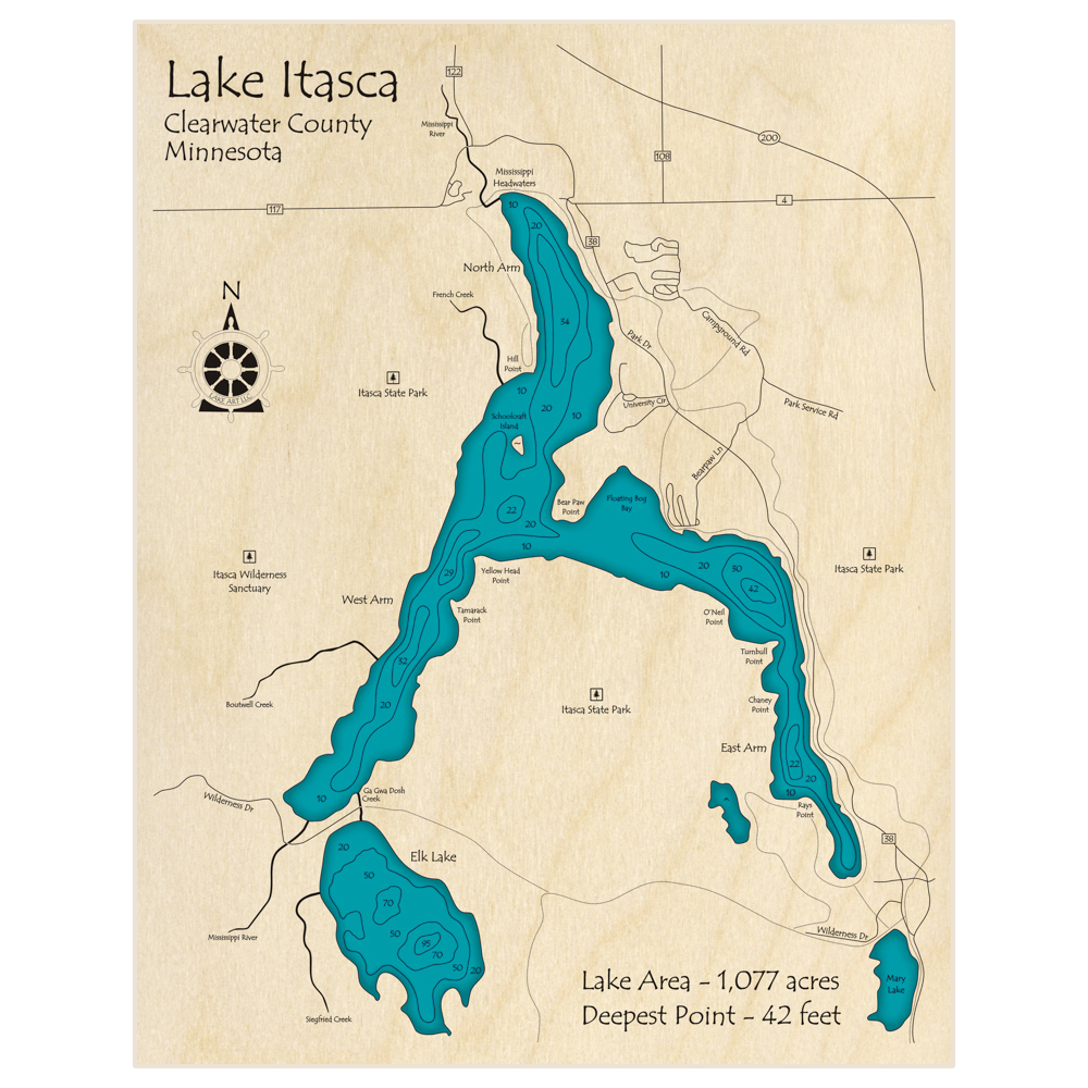 Bathymetric topo map of Lake Itasca with roads, towns and depths noted in blue water