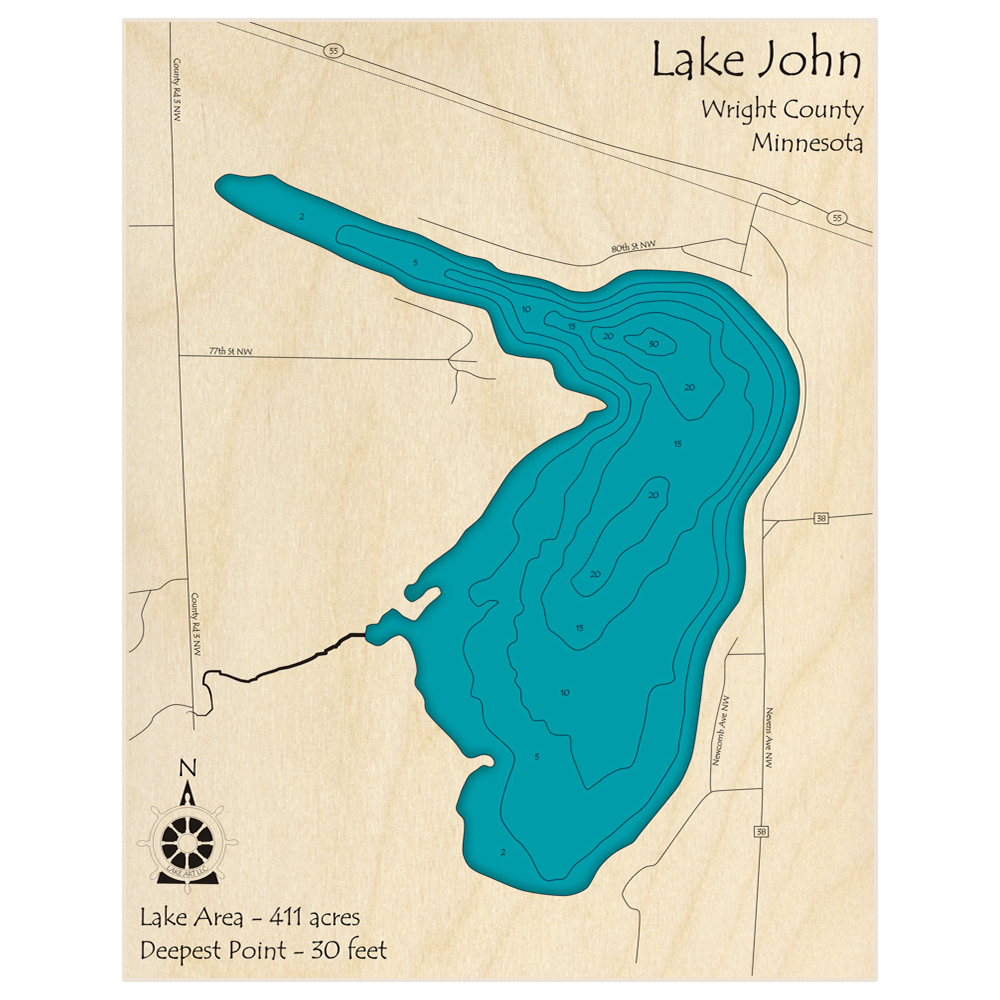 Bathymetric topo map of Lake John with roads, towns and depths noted in blue water
