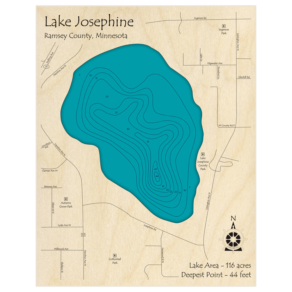 Bathymetric topo map of Lake Josephine with roads, towns and depths noted in blue water