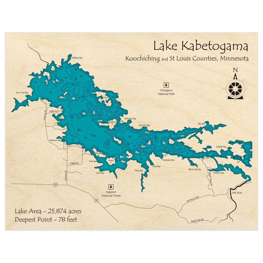 Bathymetric topo map of Lake Kabetogama with roads, towns and depths noted in blue water