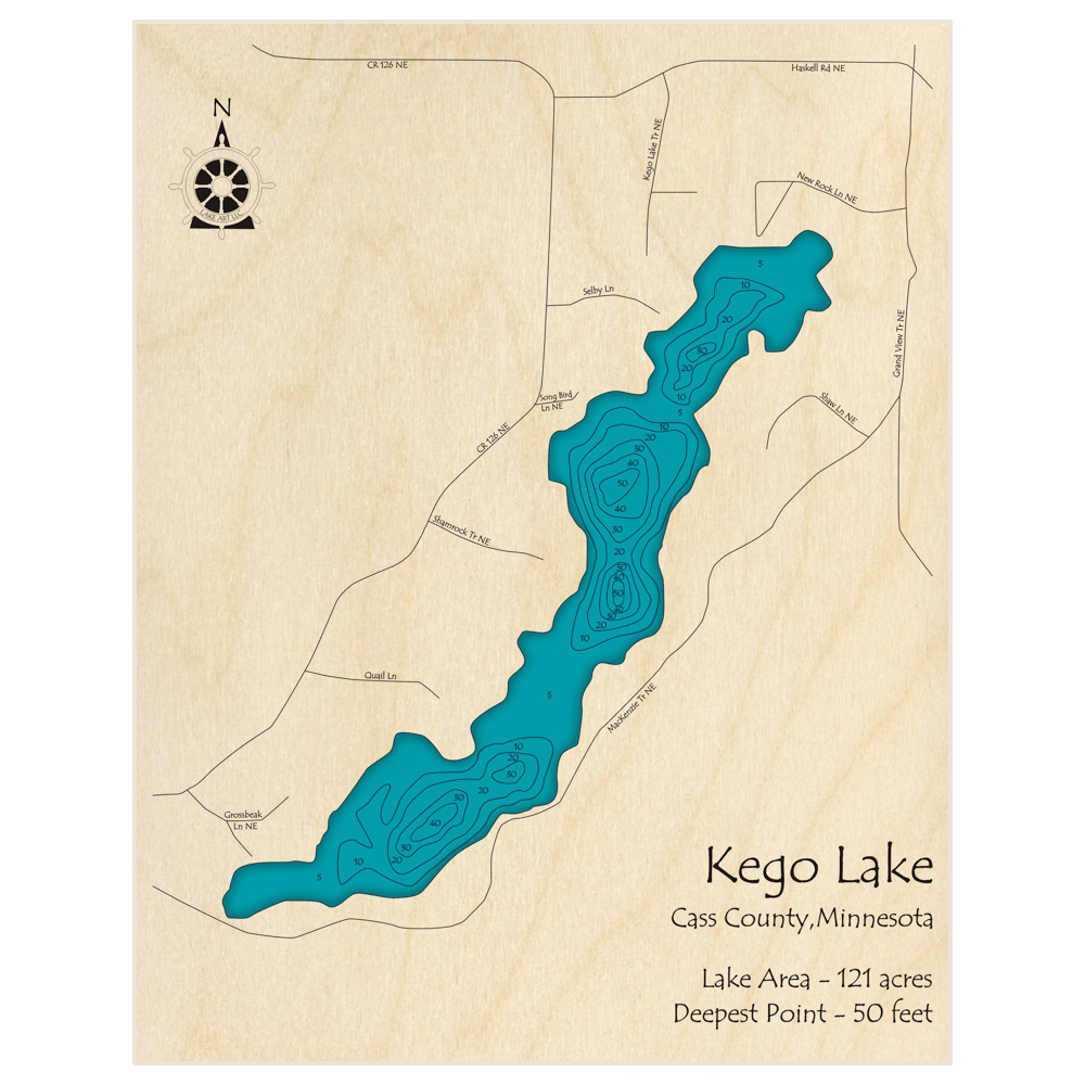 Bathymetric topo map of Kego Lake with roads, towns and depths noted in blue water