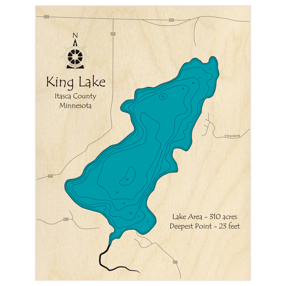 Bathymetric topo map of King Lake with roads, towns and depths noted in blue water