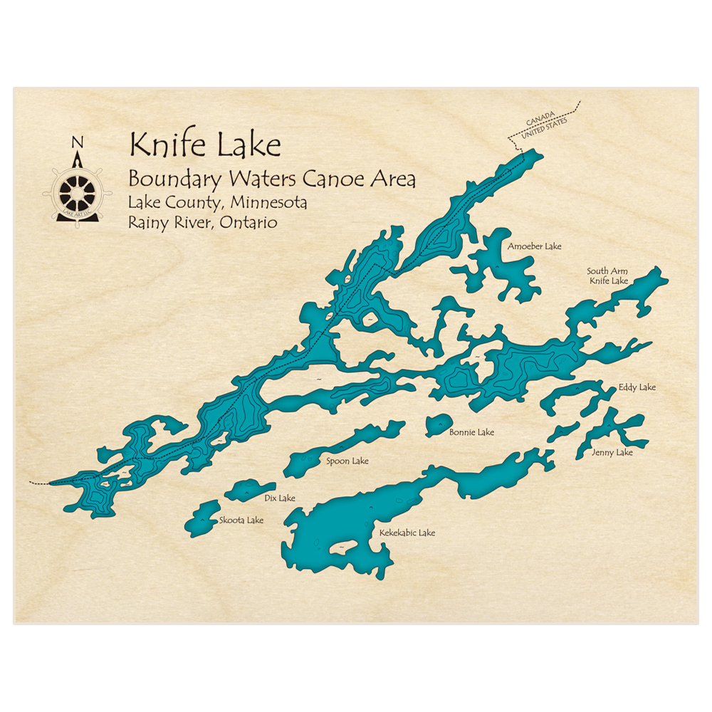 Bathymetric topo map of Knife Lake (Boundary Waters Region) with roads, towns and depths noted in blue water