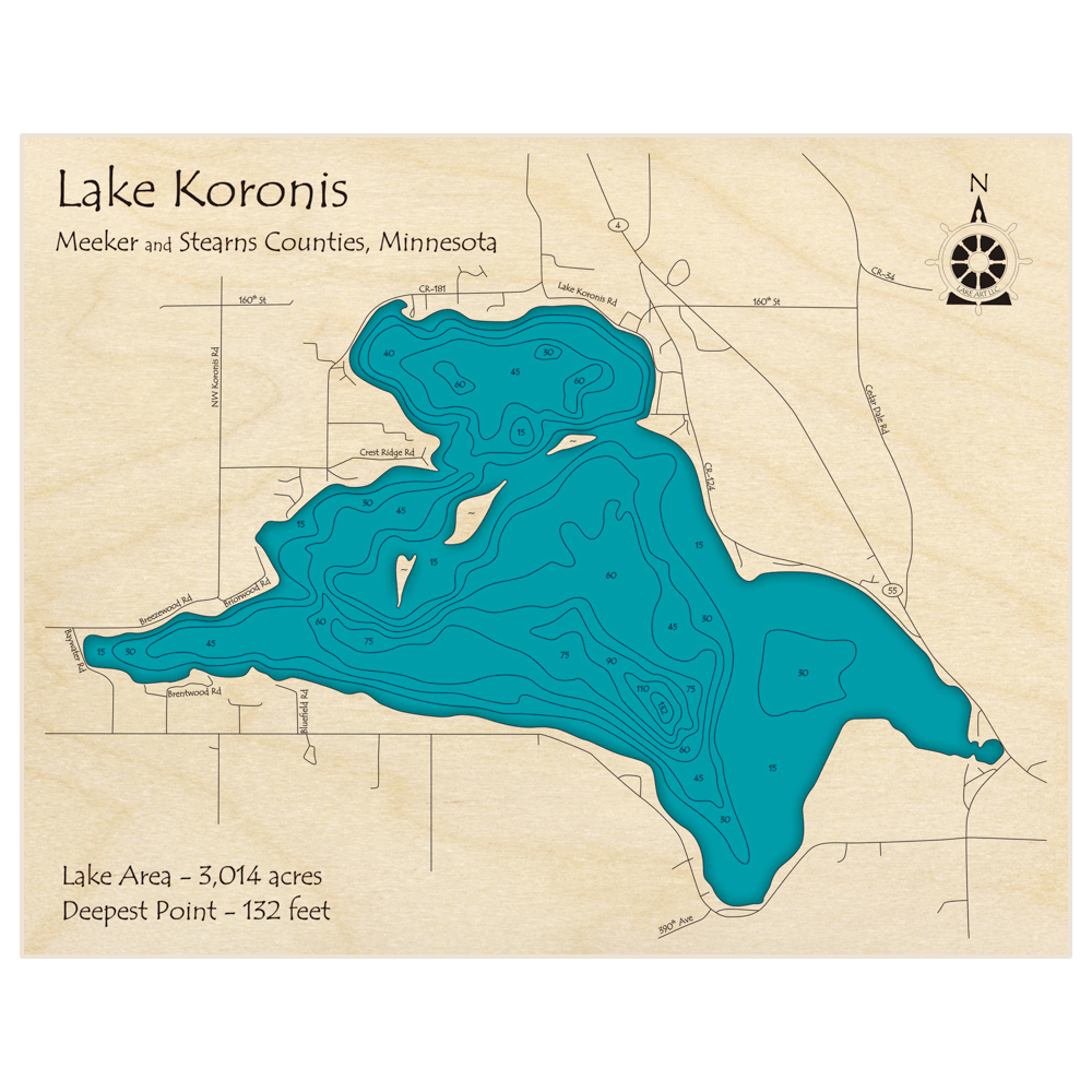 Bathymetric topo map of Lake Koronis with roads, towns and depths noted in blue water