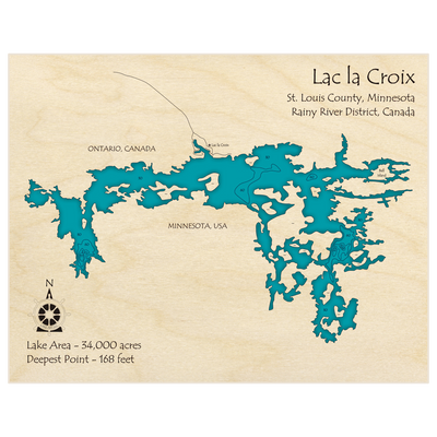 Bathymetric topo map of Lac la Croix with roads, towns and depths noted in blue water