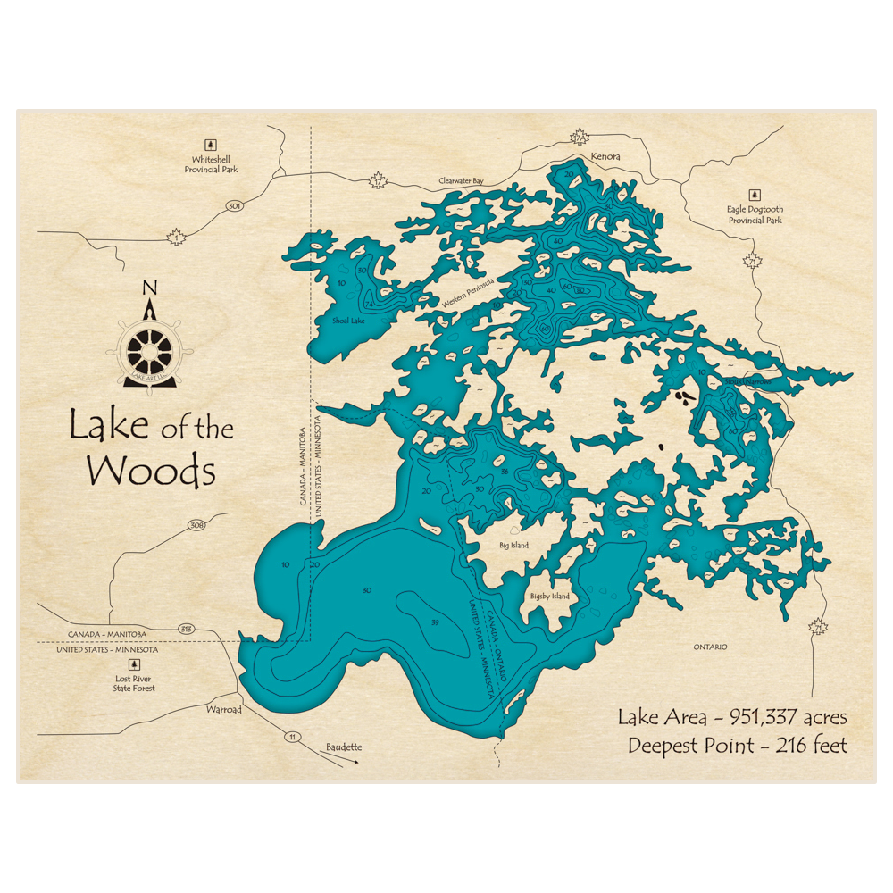 Bathymetric topo map of Lake of the Woods with roads, towns and depths noted in blue water
