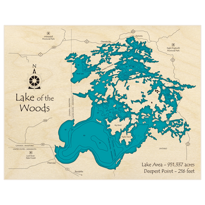 Bathymetric topo map of Lake of the Woods with roads, towns and depths noted in blue water
