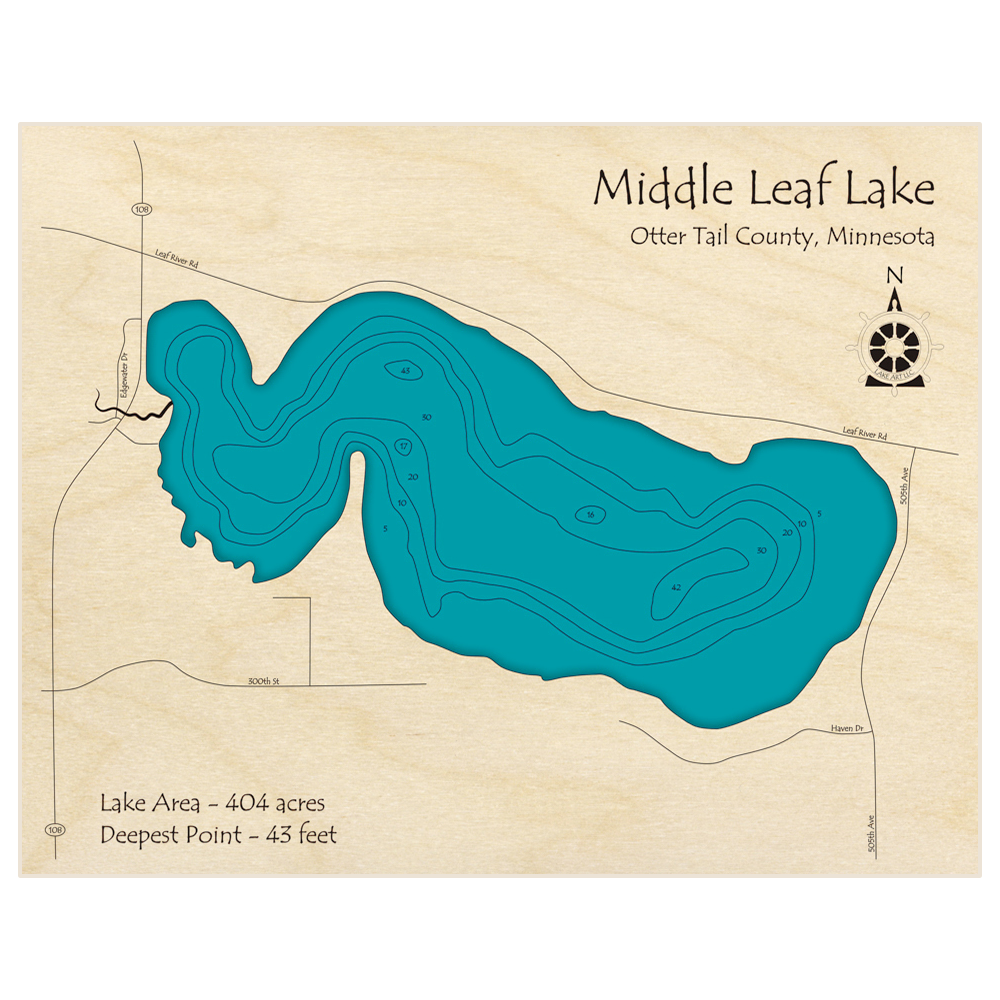 Bathymetric topo map of Leaf Lake (Middle) with roads, towns and depths noted in blue water