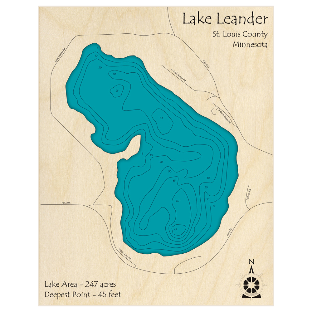 Bathymetric topo map of Lake Leander with roads, towns and depths noted in blue water