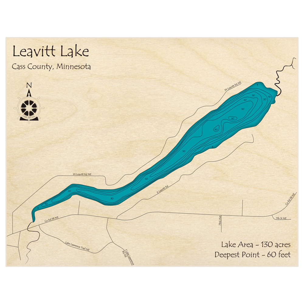 Bathymetric topo map of Leavitt Lake with roads, towns and depths noted in blue water