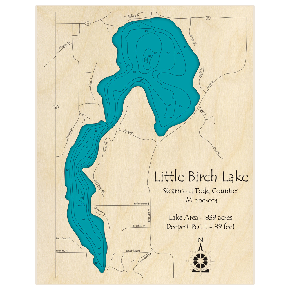 Bathymetric topo map of Little Birch Lake with roads, towns and depths noted in blue water