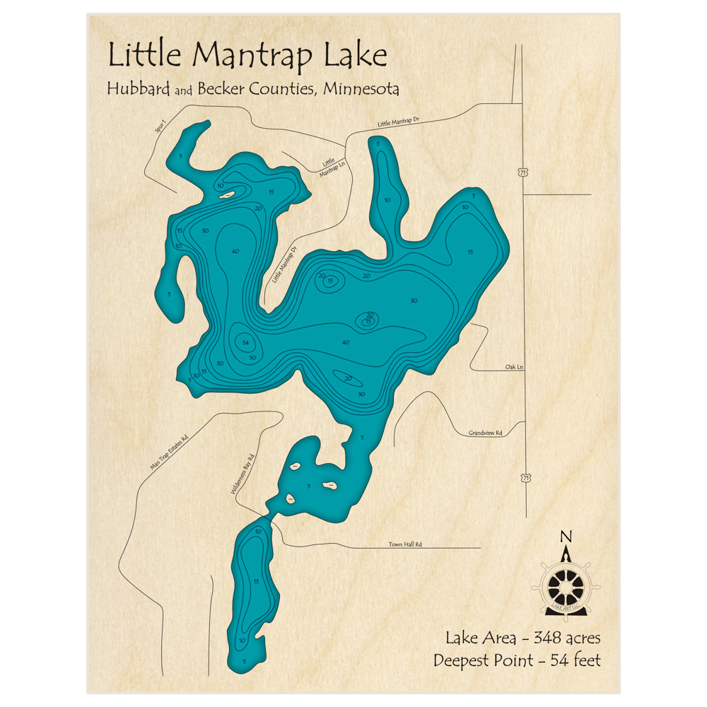 Bathymetric topo map of Little Mantrap Lake with roads, towns and depths noted in blue water