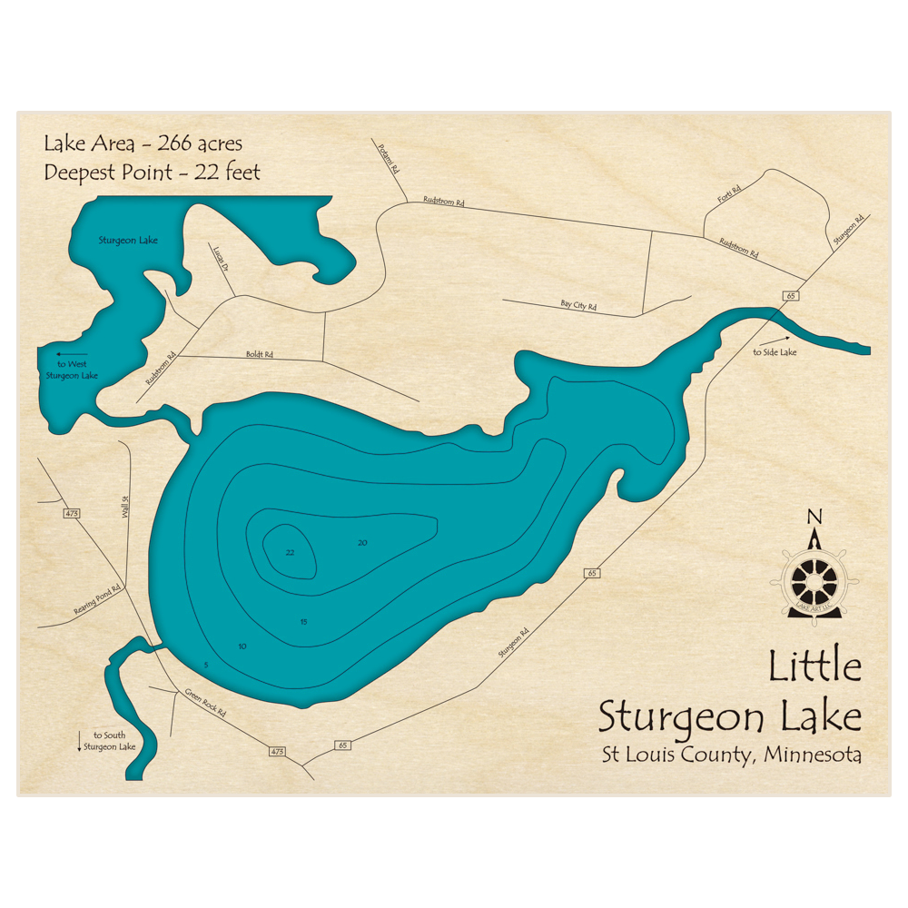 Bathymetric topo map of Little Sturgeon Lake with roads, towns and depths noted in blue water
