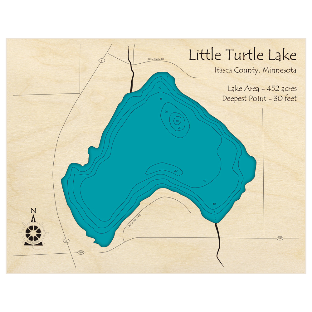 Bathymetric topo map of Little Turtle Lake with roads, towns and depths noted in blue water