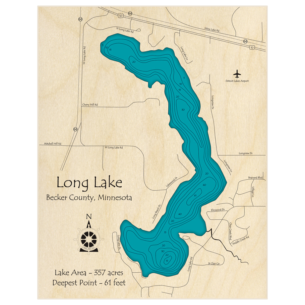 Bathymetric topo map of Long Lake with roads, towns and depths noted in blue water