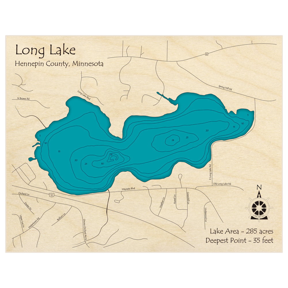 Bathymetric topo map of Long Lake with roads, towns and depths noted in blue water