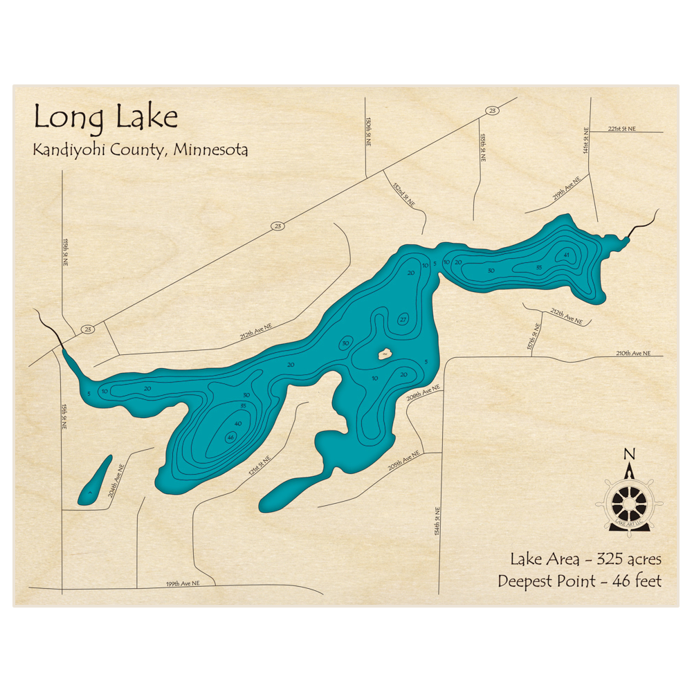 Bathymetric topo map of Long Lake with roads, towns and depths noted in blue water
