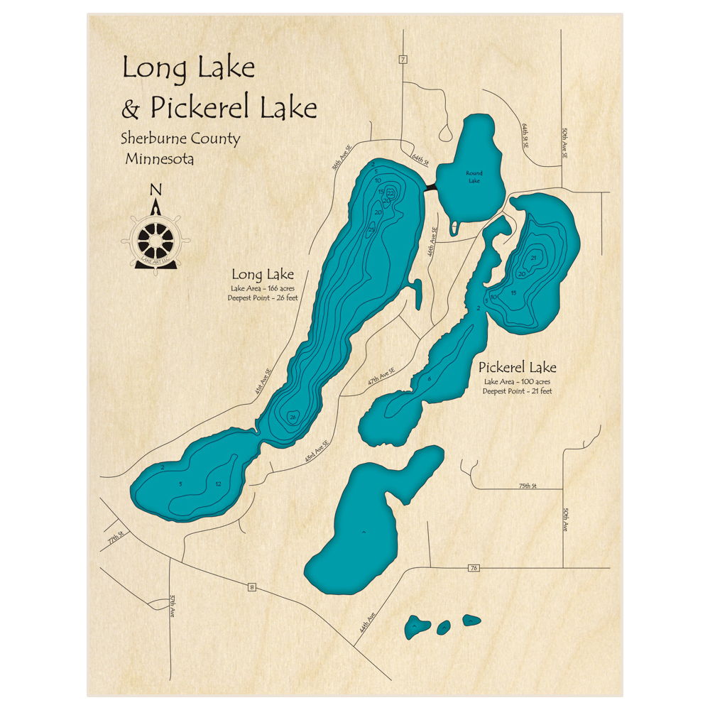 Bathymetric topo map of Long Lake and Pickerel Lake with Round Lake with roads, towns and depths noted in blue water