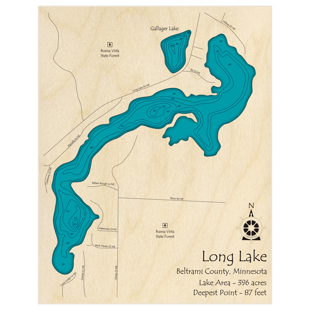 Bathymetric topo map of Long Lake (near Turtle River) with roads, towns and depths noted in blue water