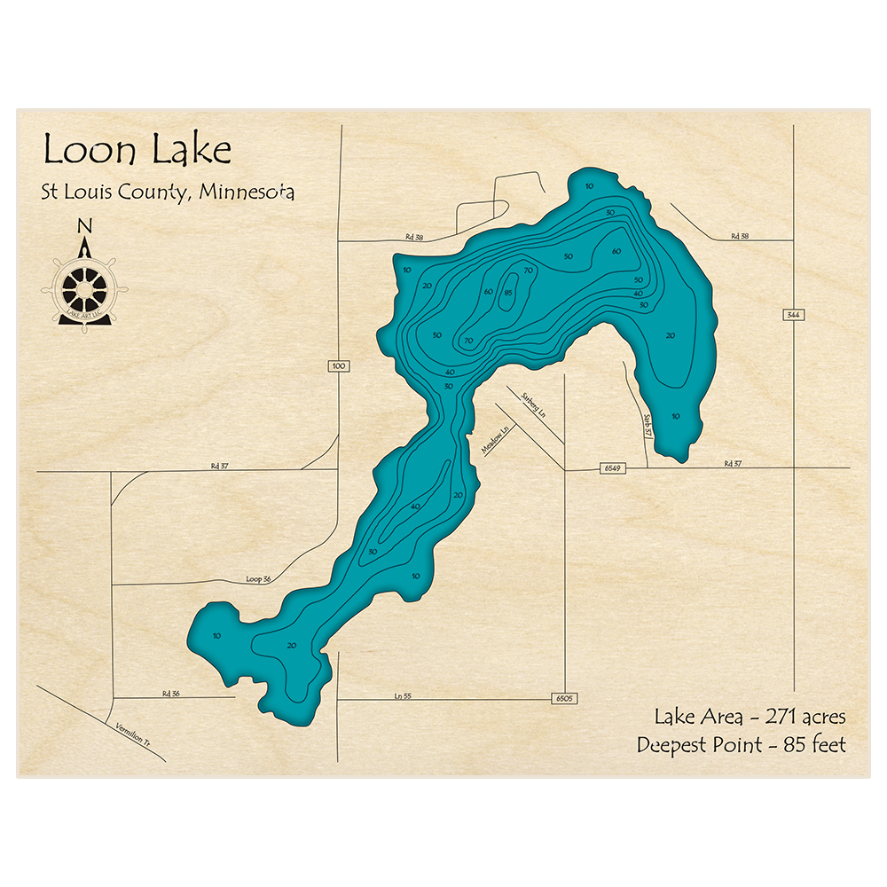 Bathymetric topo map of Lake Loon with roads, towns and depths noted in blue water