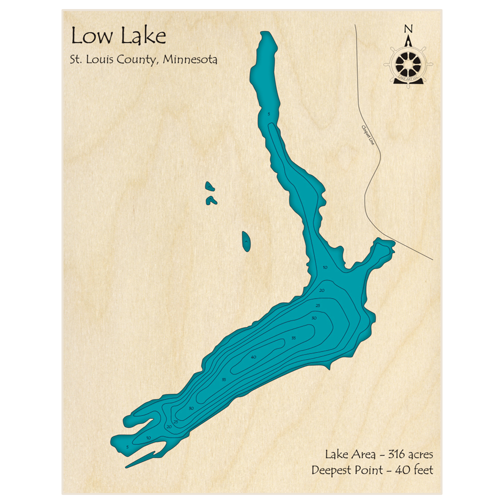 Bathymetric topo map of Low Lake with roads, towns and depths noted in blue water