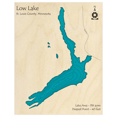 Bathymetric topo map of Low Lake with roads, towns and depths noted in blue water