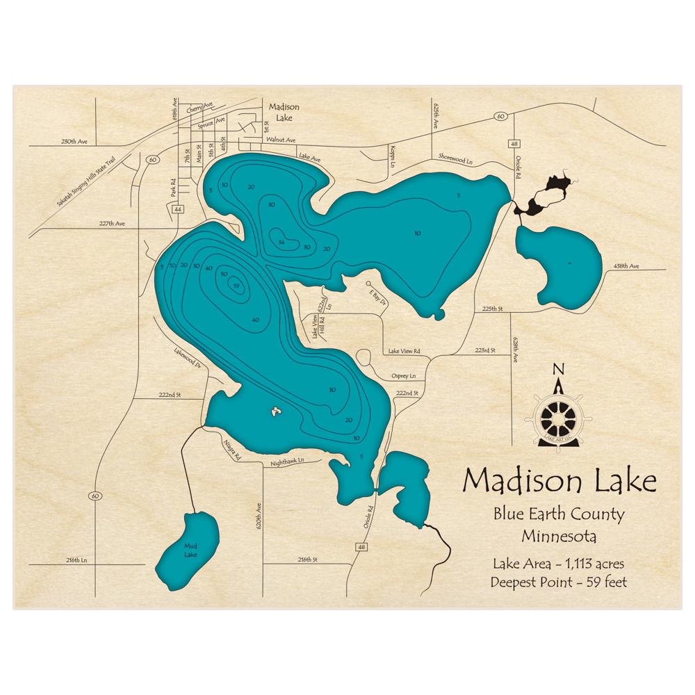 Bathymetric topo map of Madison Lake with roads, towns and depths noted in blue water