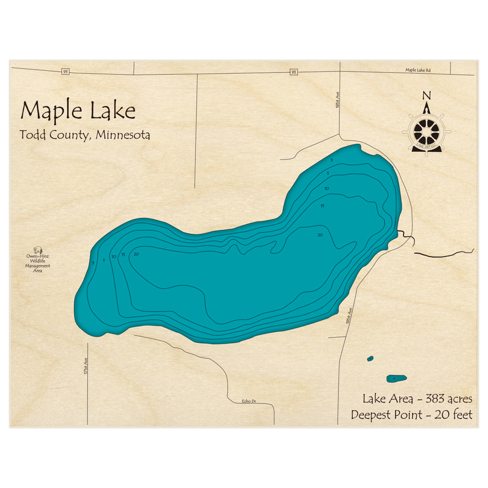 Bathymetric topo map of Maple Lake with roads, towns and depths noted in blue water