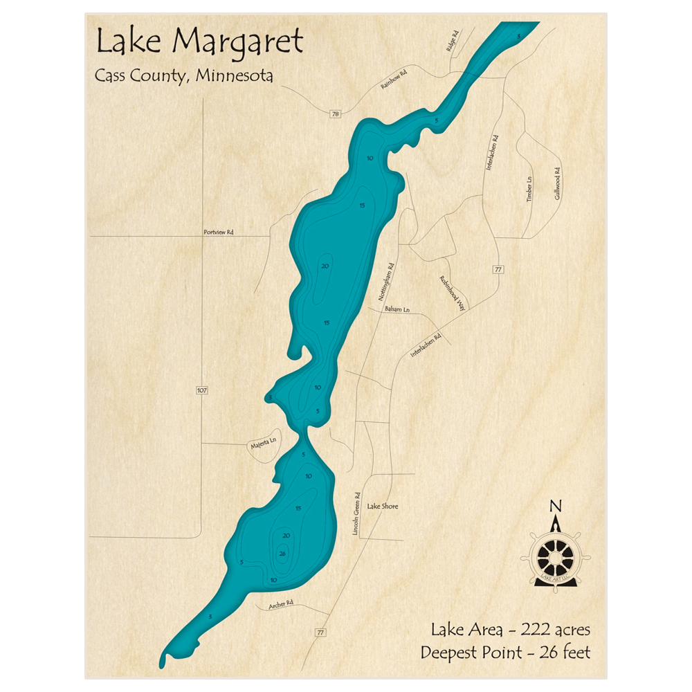 Bathymetric topo map of Margaret Lake with roads, towns and depths noted in blue water