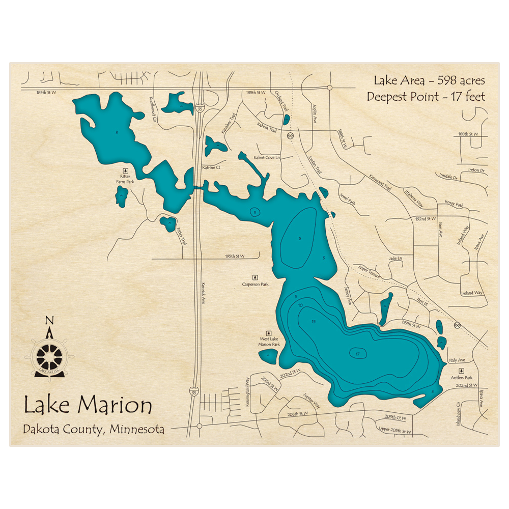 Bathymetric topo map of Lake Marion with roads, towns and depths noted in blue water