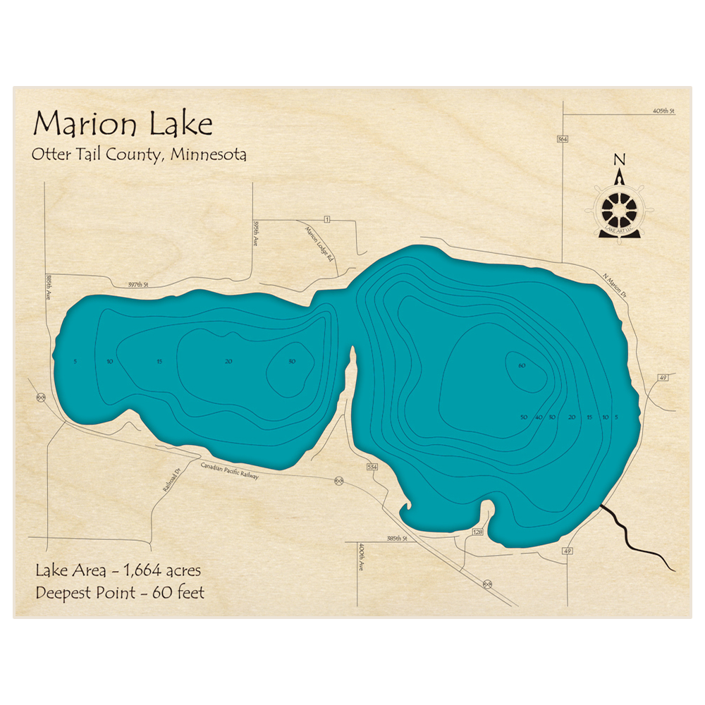 Bathymetric topo map of Lake Marion with roads, towns and depths noted in blue water