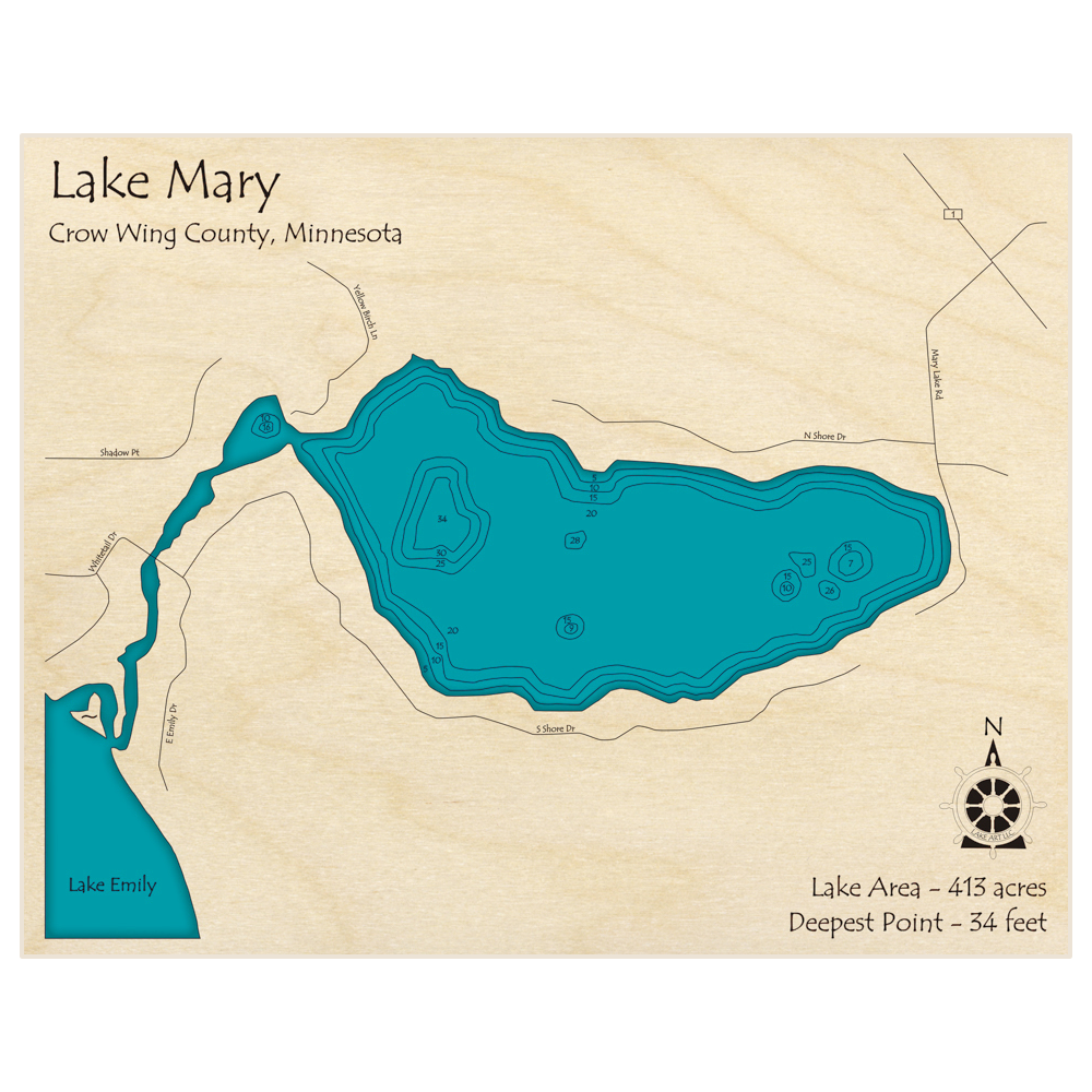 Bathymetric topo map of Lake Mary with roads, towns and depths noted in blue water