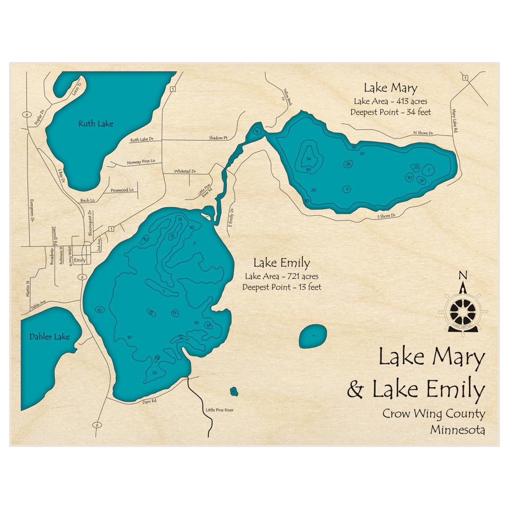 Bathymetric topo map of Lake Mary and Lake Emily with roads, towns and depths noted in blue water
