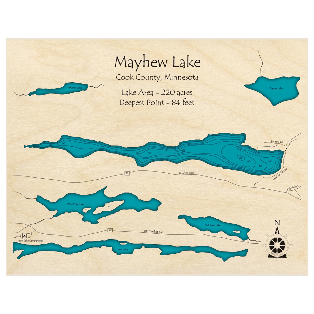 Bathymetric topo map of Mayhew Lake with roads, towns and depths noted in blue water