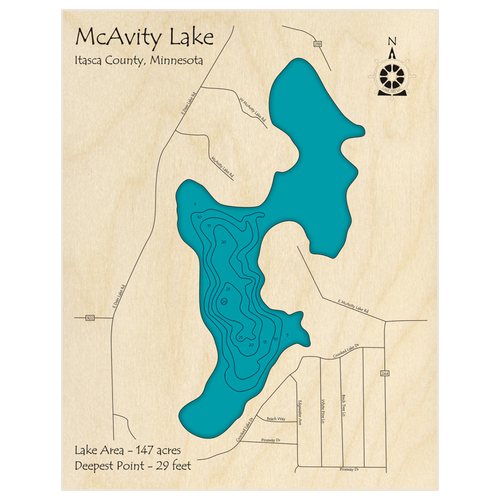 Bathymetric topo map of McAvity Lake with roads, towns and depths noted in blue water