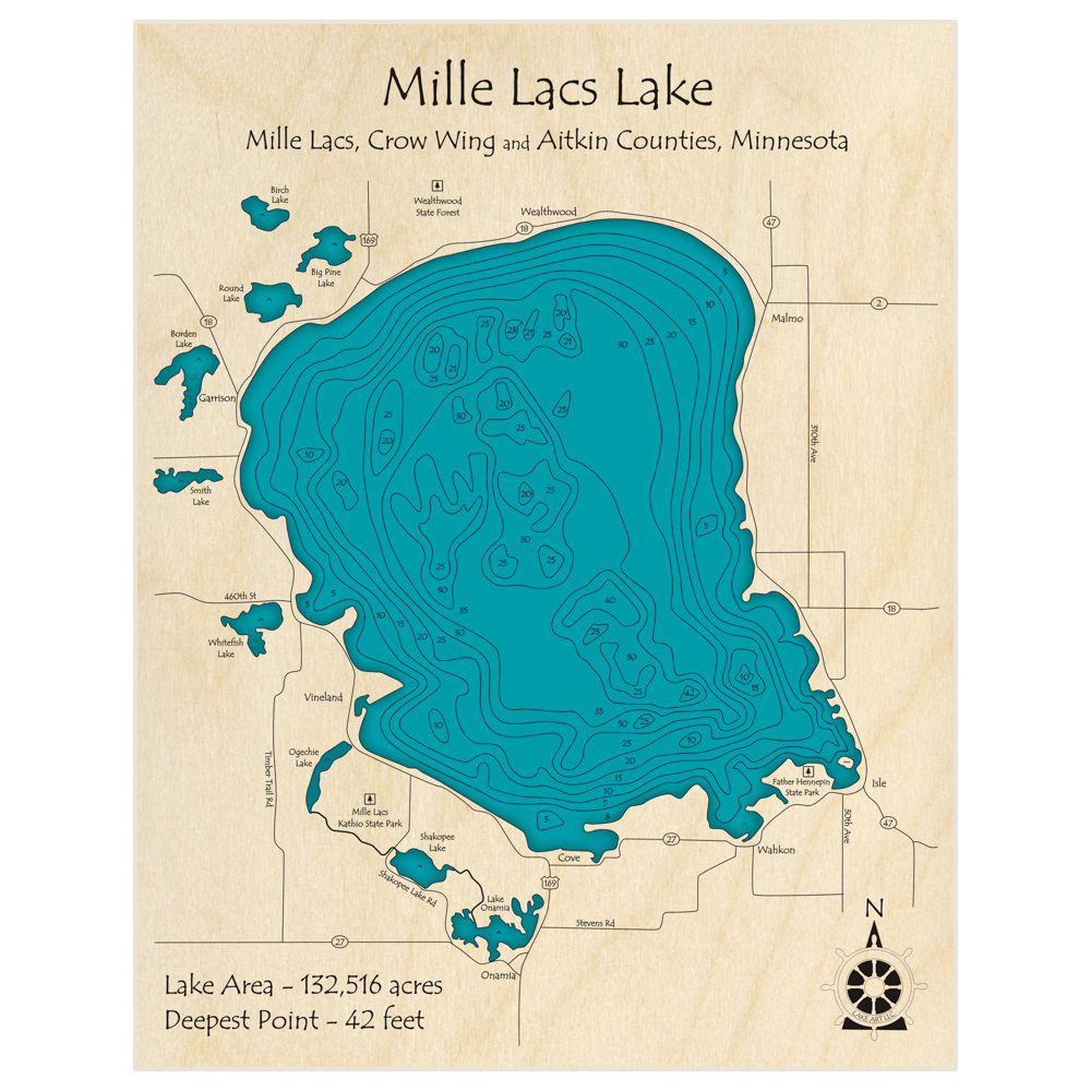 Bathymetric topo map of Mille Lacs Lake with roads, towns and depths noted in blue water